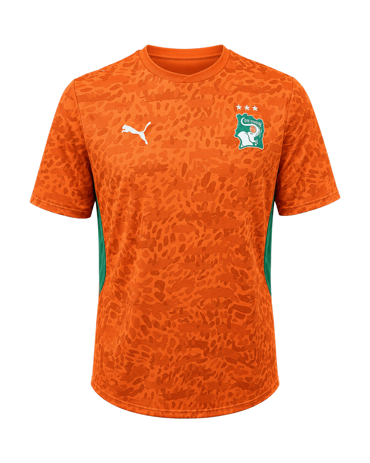 Orange Côte d’Ivoire football jersey with green side panels.